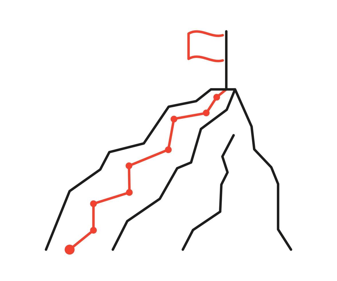 camino a la cima de la montaña, misión, desafío, logro del plan hasta la meta. manera de alcanzar el éxito máximo. subiendo a la cima de la montaña. competencia peligrosa. bandera en roca al final. ilustración de línea vectorial vector