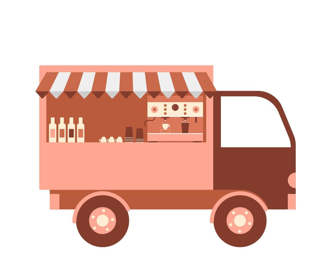 Coffee food truck, cafe shop on street city. Van with coffee automate and other hot beverage. Vector illustration