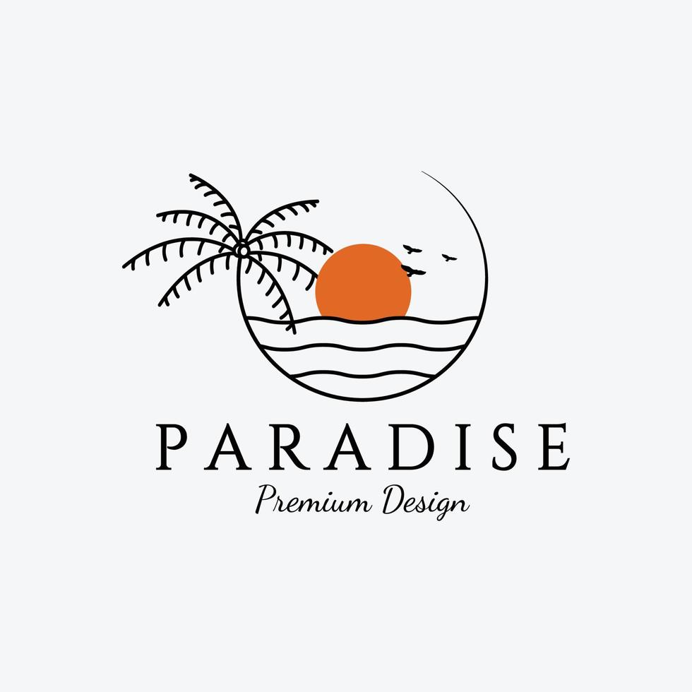 isla paradisíaca minimalista, ilustración del logotipo de la palmera, vector del concepto de arte de la línea de árboles de coco, plantilla circular del océano