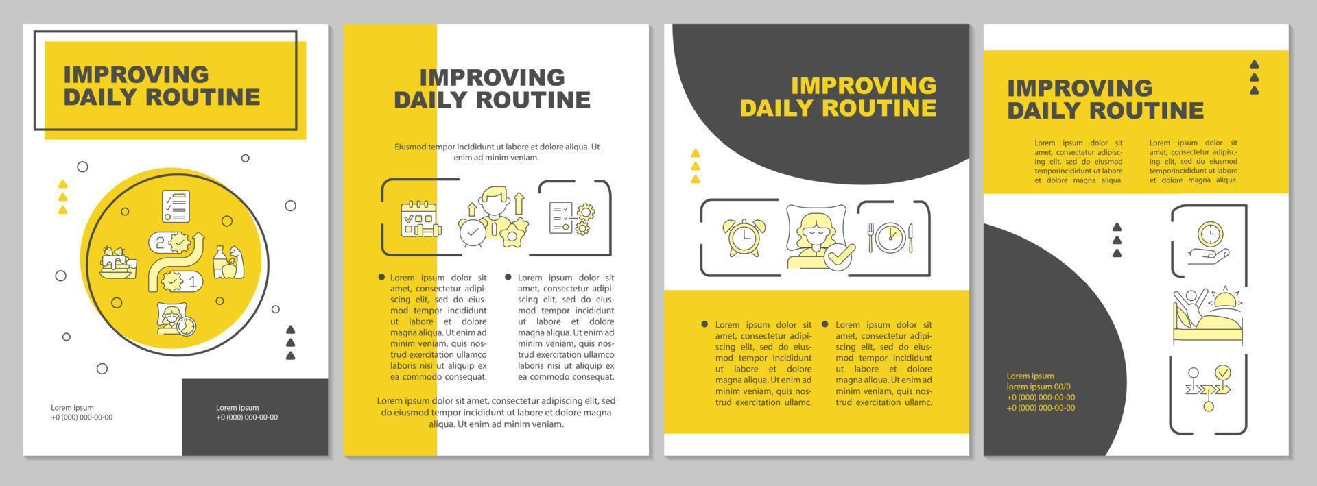 Improving daily routine yellow brochure template. Life harmony. Booklet print design with linear icons. Vector layouts for presentation, annual reports, ads. Arial, Myriad Pro-Regular fonts used