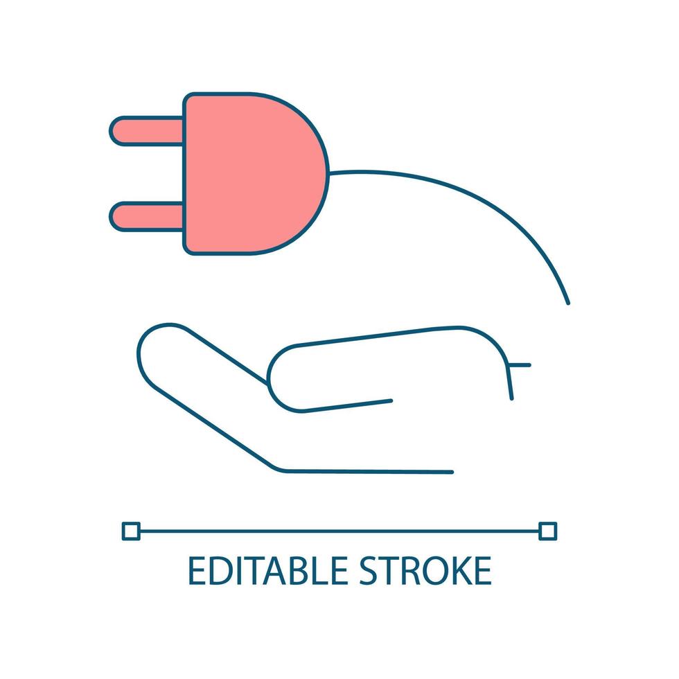 Pull plugs RGB color icon. Save power and energy. Prevent climate change and global warming. Isolated vector illustration. Simple filled line drawing. Editable stroke. Arial font used
