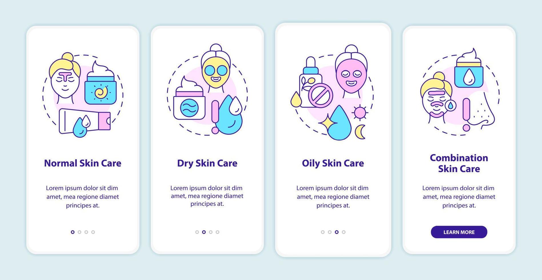 Skin types care onboarding mobile app screen. Beauty tips walkthrough 4 steps graphic instructions pages with linear concepts. UI, UX, GUI template. Myriad Pro-Bold, Regular fonts used vector