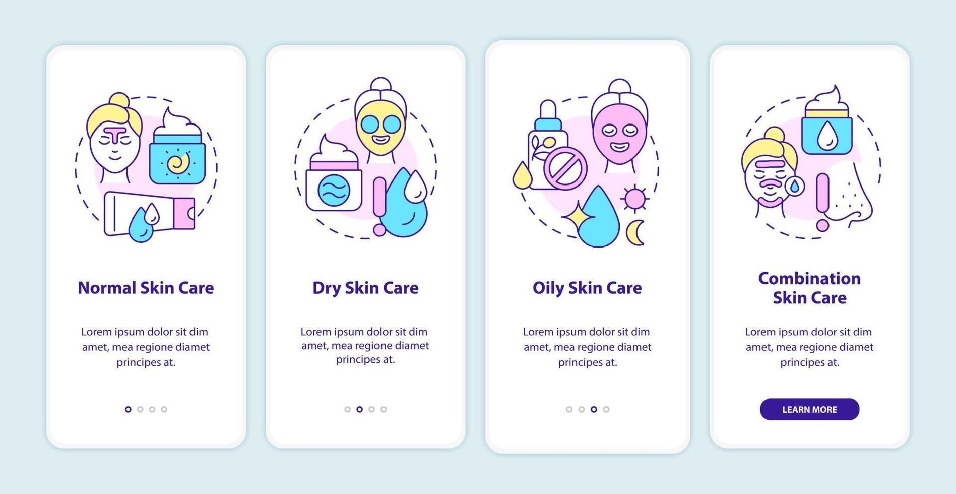 los tipos de piel cuidan la incorporación de la pantalla de la aplicación móvil. tutorial de consejos de belleza páginas de instrucciones gráficas de 4 pasos con conceptos lineales. interfaz de usuario, ux, plantilla de interfaz gráfica de usuario. innumerables fuentes pro-negrita y regulares utilizadas vector