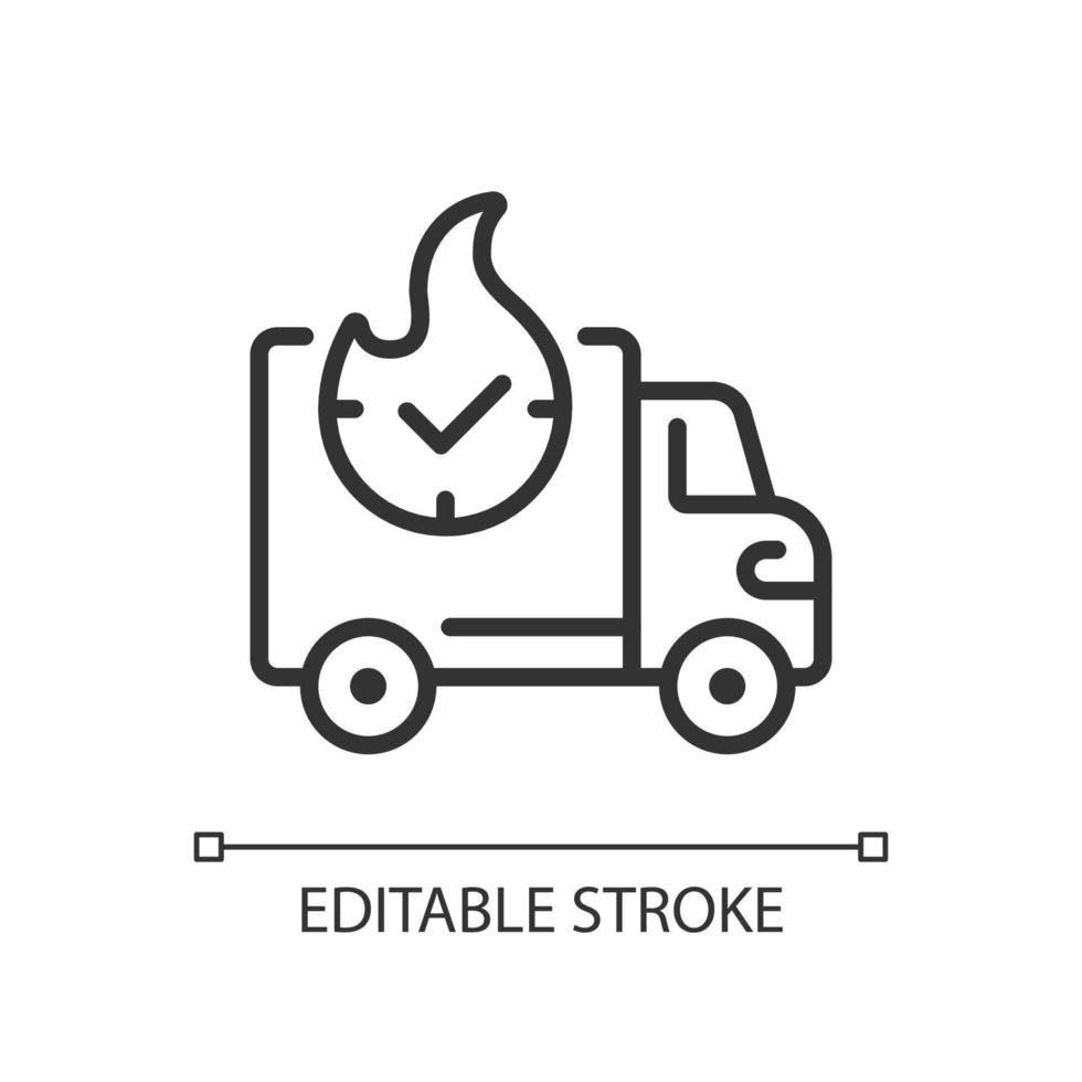 Express delivery pixel perfect linear icon. Urgent shipment and logistics service. Online shopping. Thin line illustration. Contour symbol. Vector outline drawing. Editable stroke. Arial font used