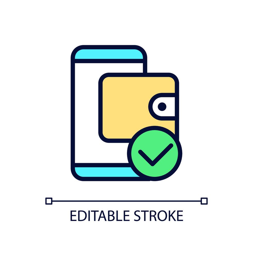 E wallet payment pixel perfect RGB color icon. Electronic account. Online money transaction. Mobile banking. Isolated vector illustration. Simple filled line drawing. Editable stroke. Arial font used