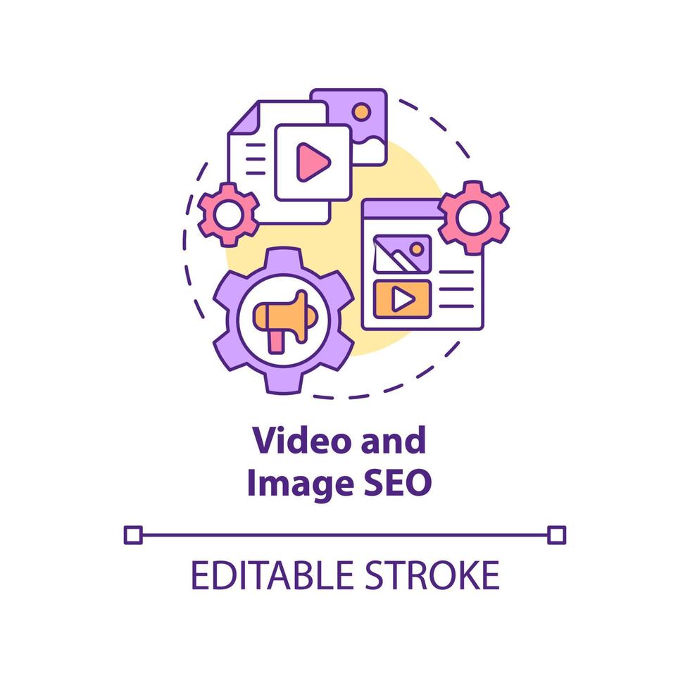 Video and image SEO concept icon. Promotion content. Current digital marketing trend abstract idea thin line illustration. Isolated outline drawing. Editable stroke. Arial, Myriad Pro-Bold fonts used vector