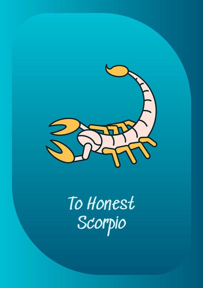 To honest scorpio greeting card with color icon element. Zodiac sign. Postcard vector design. Decorative flyer with creative illustration. Notecard with congratulatory message on blue