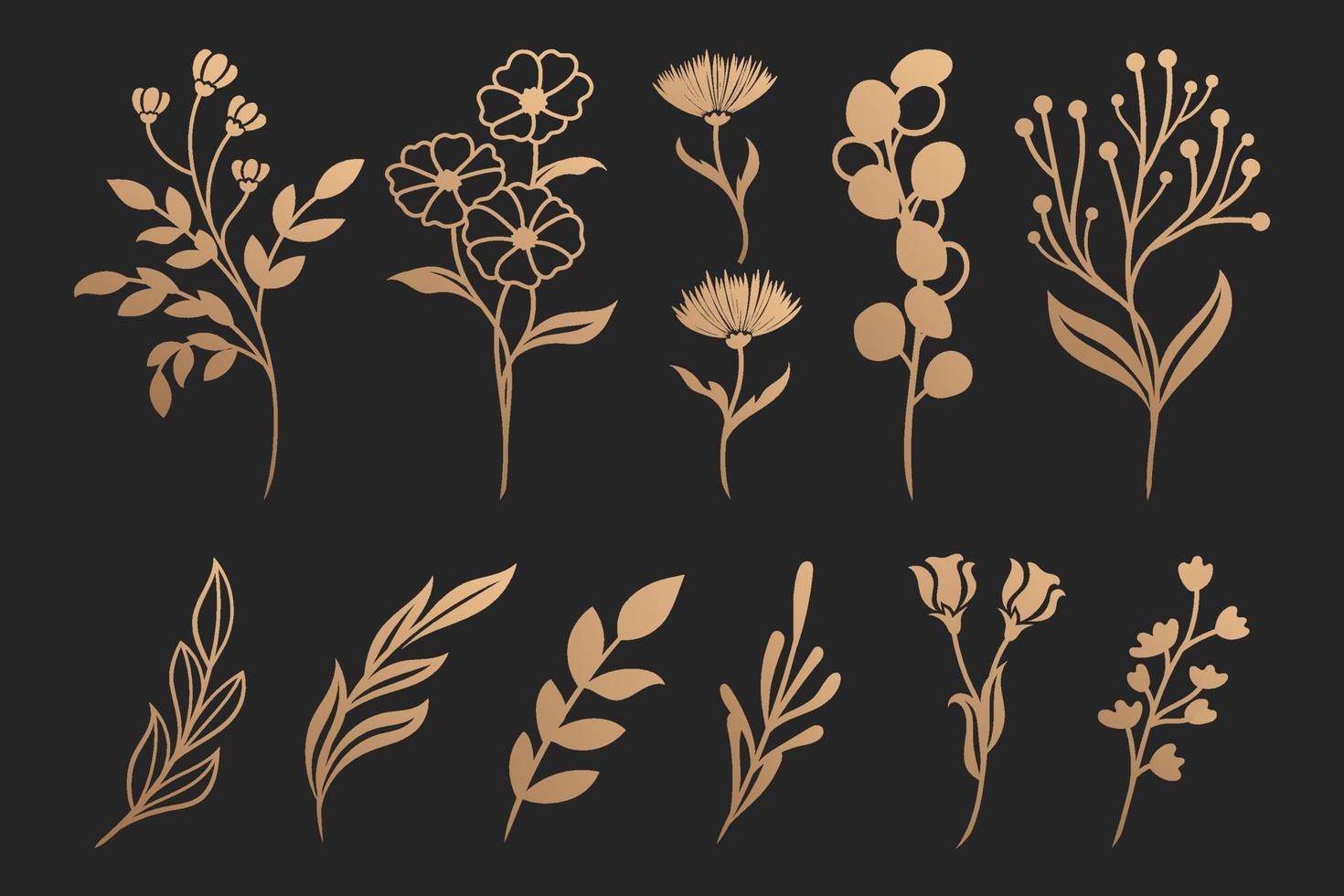 Set of botanical gold ornament leaf and flower vector templates