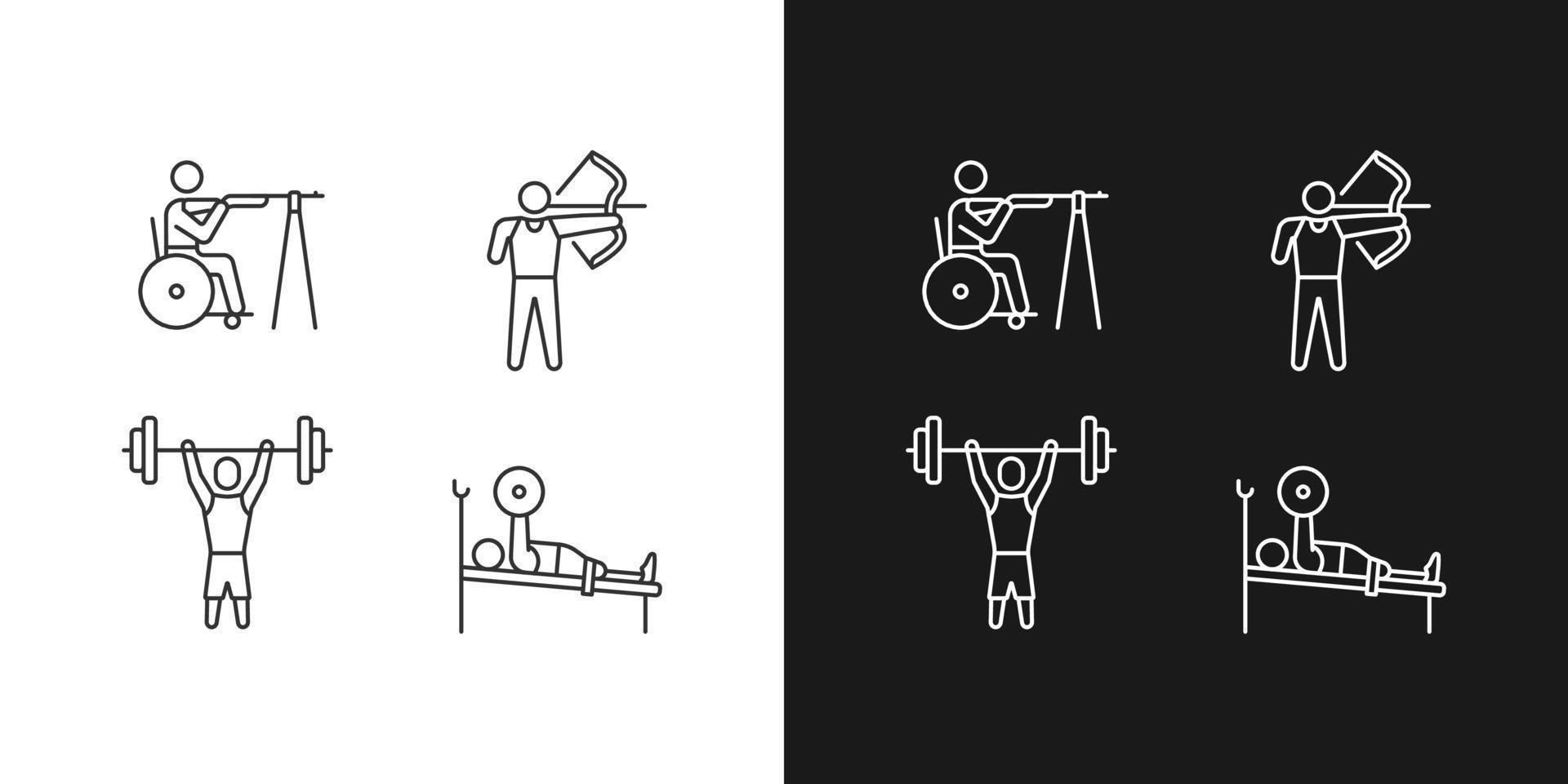 Single adaptive contests linear icons set for dark and light mode. Athletic events. Sportsman with disability. Customizable thin line symbols. Isolated vector outline illustrations. Editable stroke