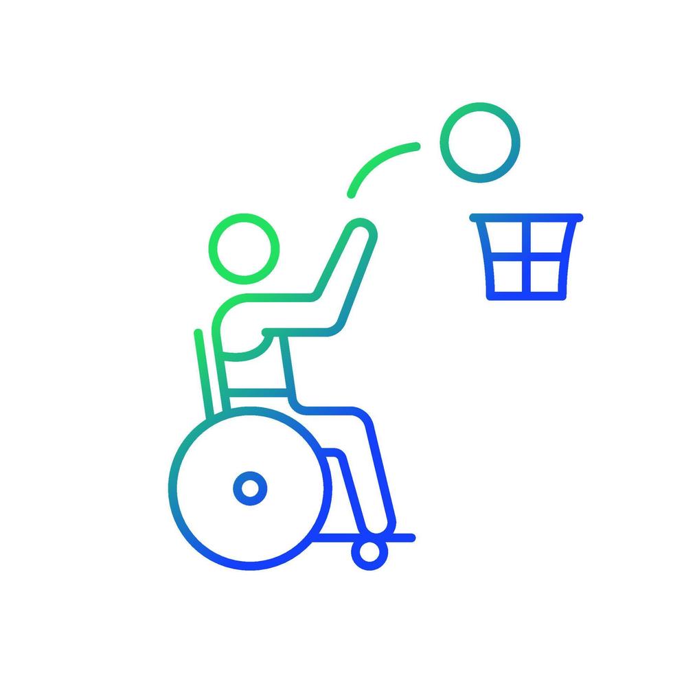 Wheelchair basketball gradient linear vector icon. Competitive ball sport. Adaptive basketball game. Thin line color symbol. Modern style pictogram. Vector isolated outline drawing