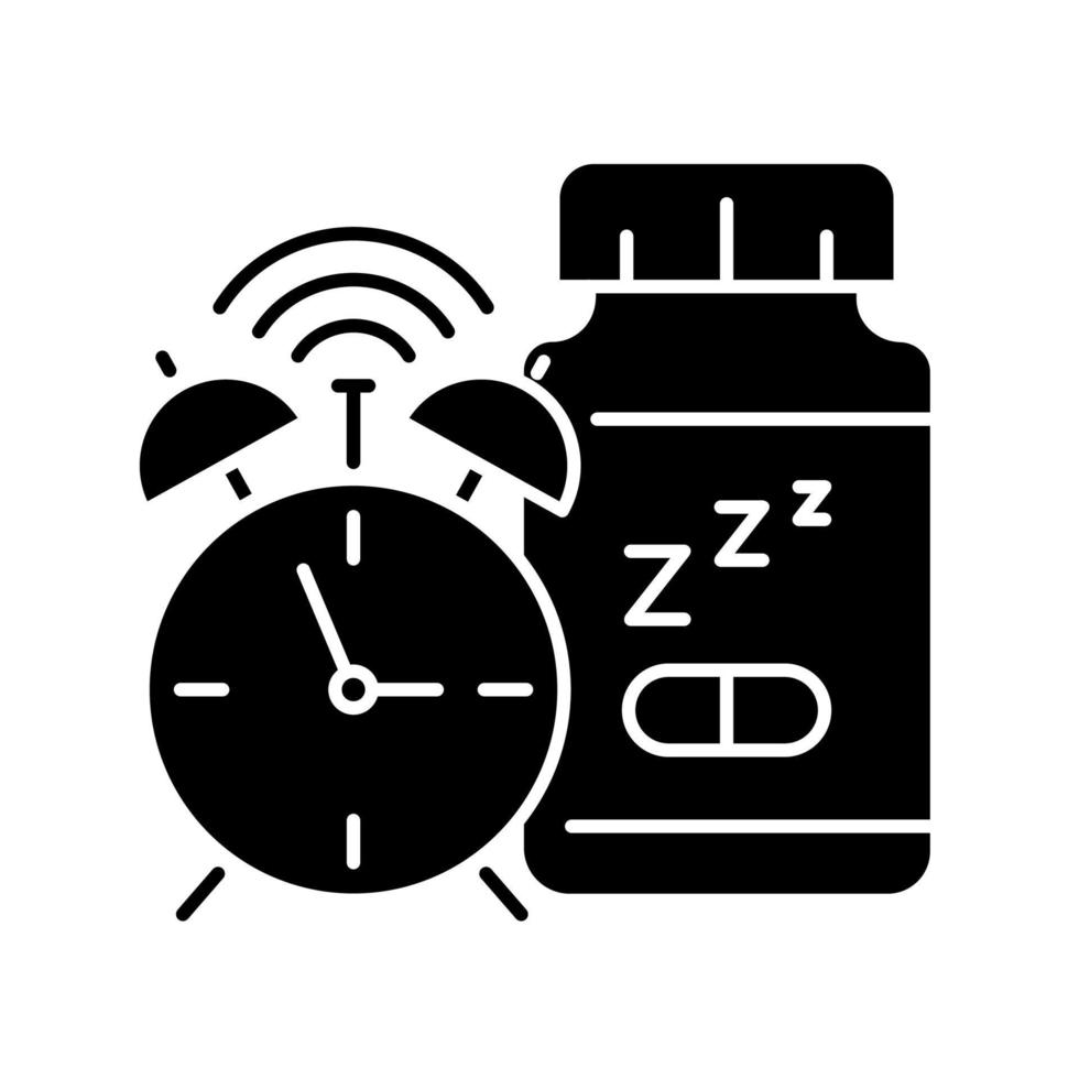 Supplements for insomnia black glyph icon. Sleep deprivation medication. Sleep promoting supplements. Pills to fall asleep. Silhouette symbol on white space. Vector isolated illustration