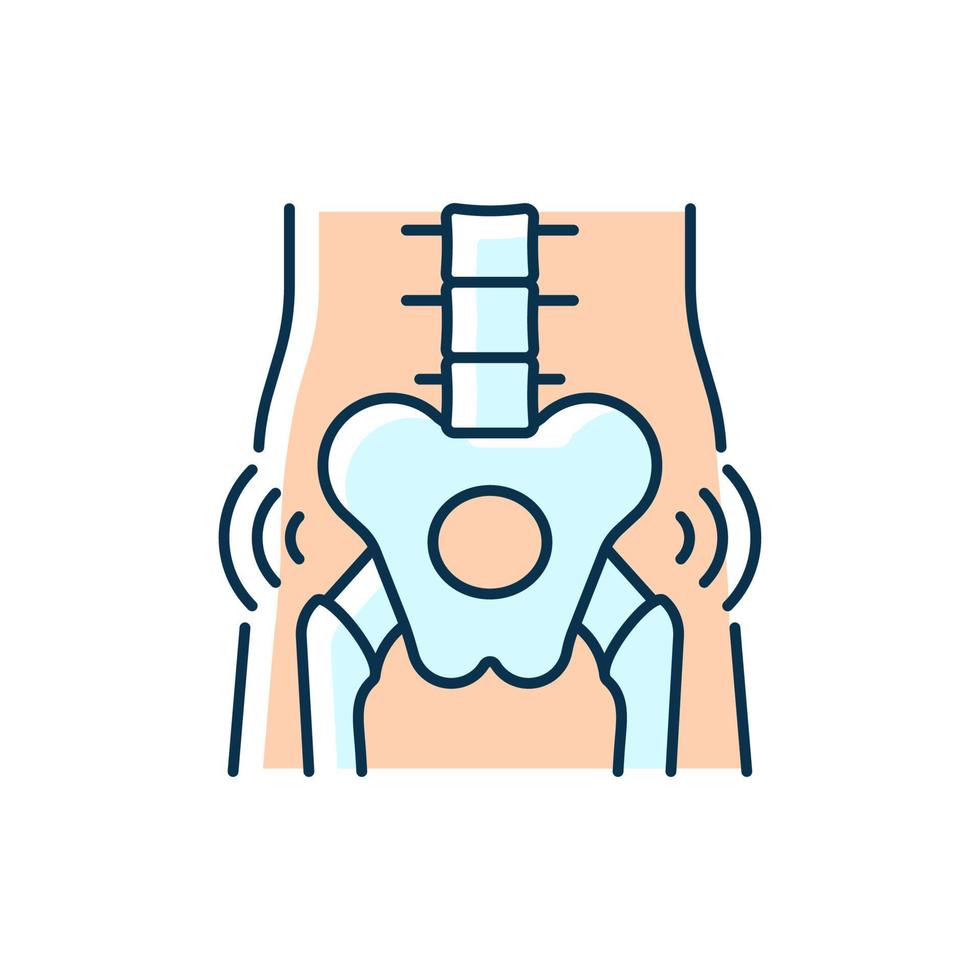 Hips rheumatism RGB color icon. Degenerative joint disease. Intense pain. Cartilage in hip worn away. Severe discomfort. Autoimmune condition. Isolated vector illustration. Simple filled line drawing