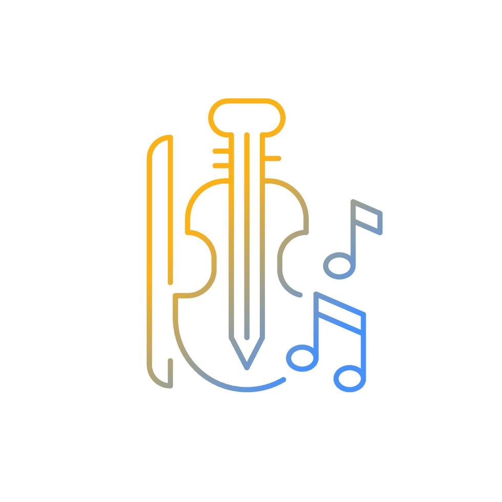 icono de vector lineal de gradiente de música. tocar instrumentos musicales en instituciones educativas. violín, arco, notas. símbolo de color de línea delgada. pictograma de estilo moderno. dibujo de contorno aislado vectorial