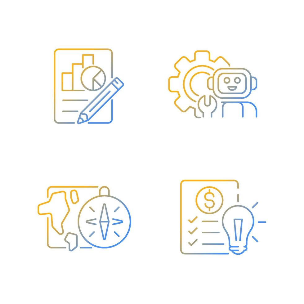 Diversity of school subjects gradient linear vector icons set. Economics report. Financial literacy education. Thin line contour symbols bundle. Isolated outline illustrations collection