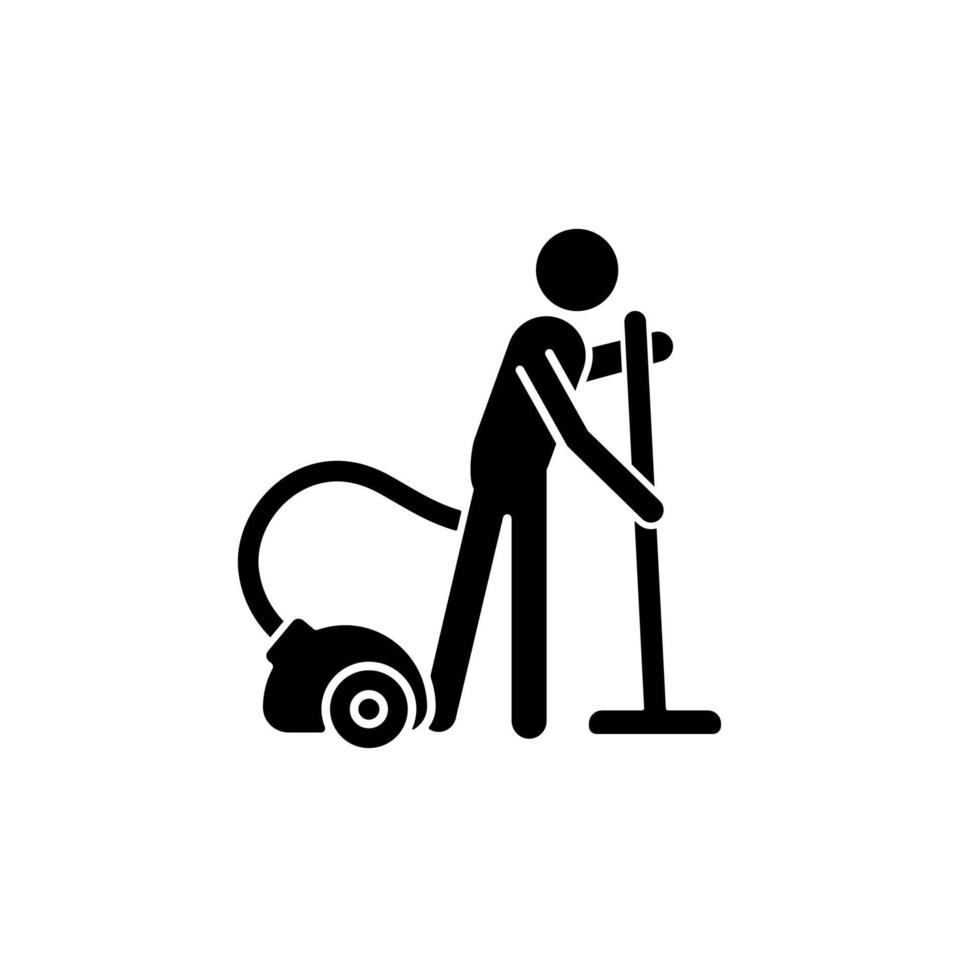 Vacuum cleaner black glyph icon. Person with vacuum cleaner. Maintain cleanliness in apartment. Ordinary household duties. Silhouette symbol on white space. Vector isolated illustration