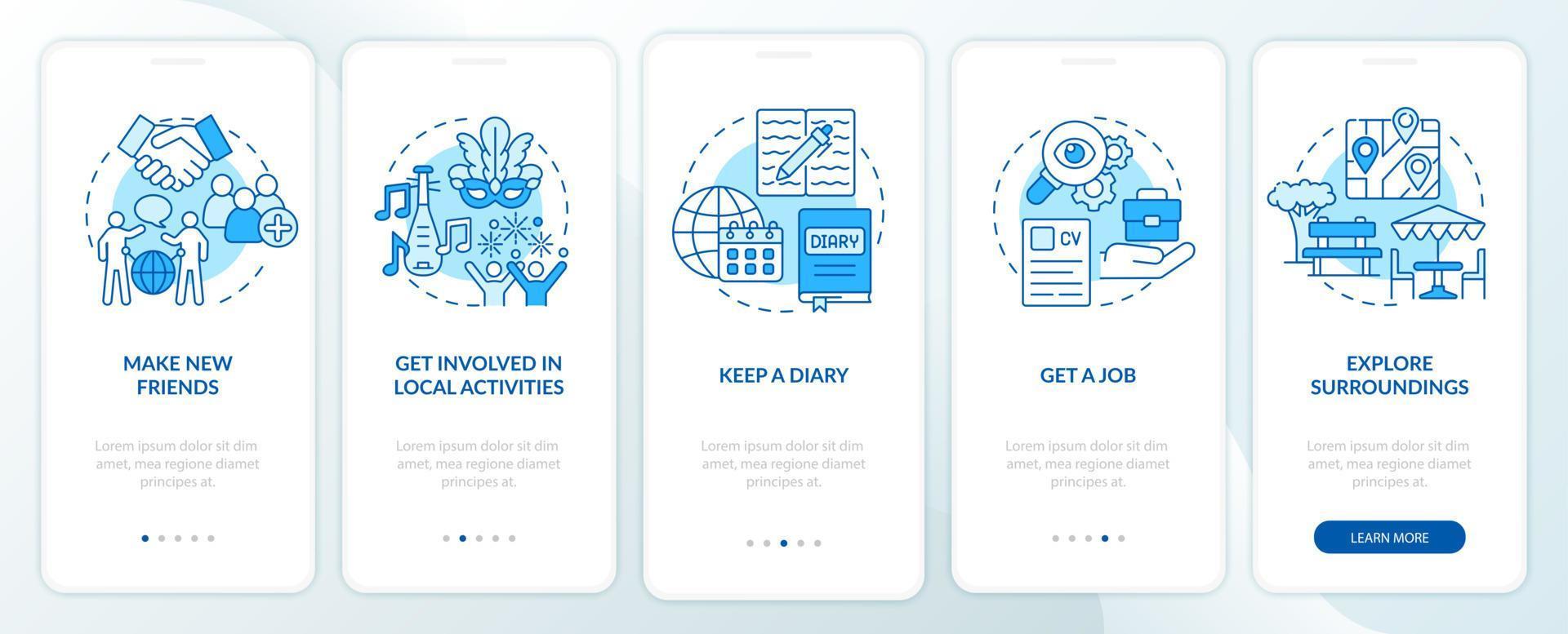 Adjusting to living abroad blue onboarding mobile app page screen. Migrate abroad walkthrough 5 steps graphic instructions with concepts. UI, UX, GUI vector template with linear color illustrations