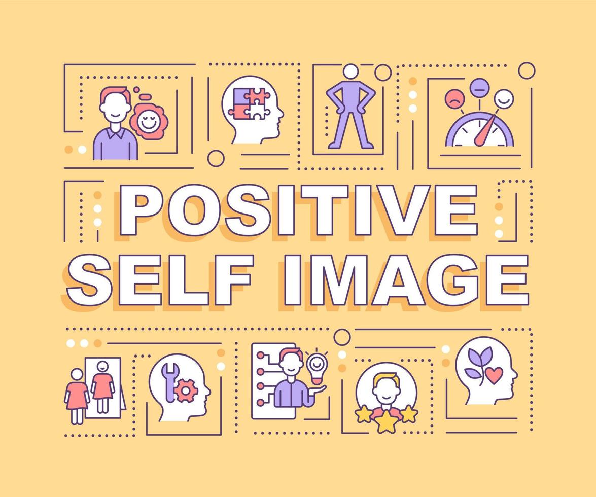 Positive self image word concepts banner. Optimistic personal view. Infographics with linear icons on yellow background. Isolated creative typography. Vector outline color illustration with text