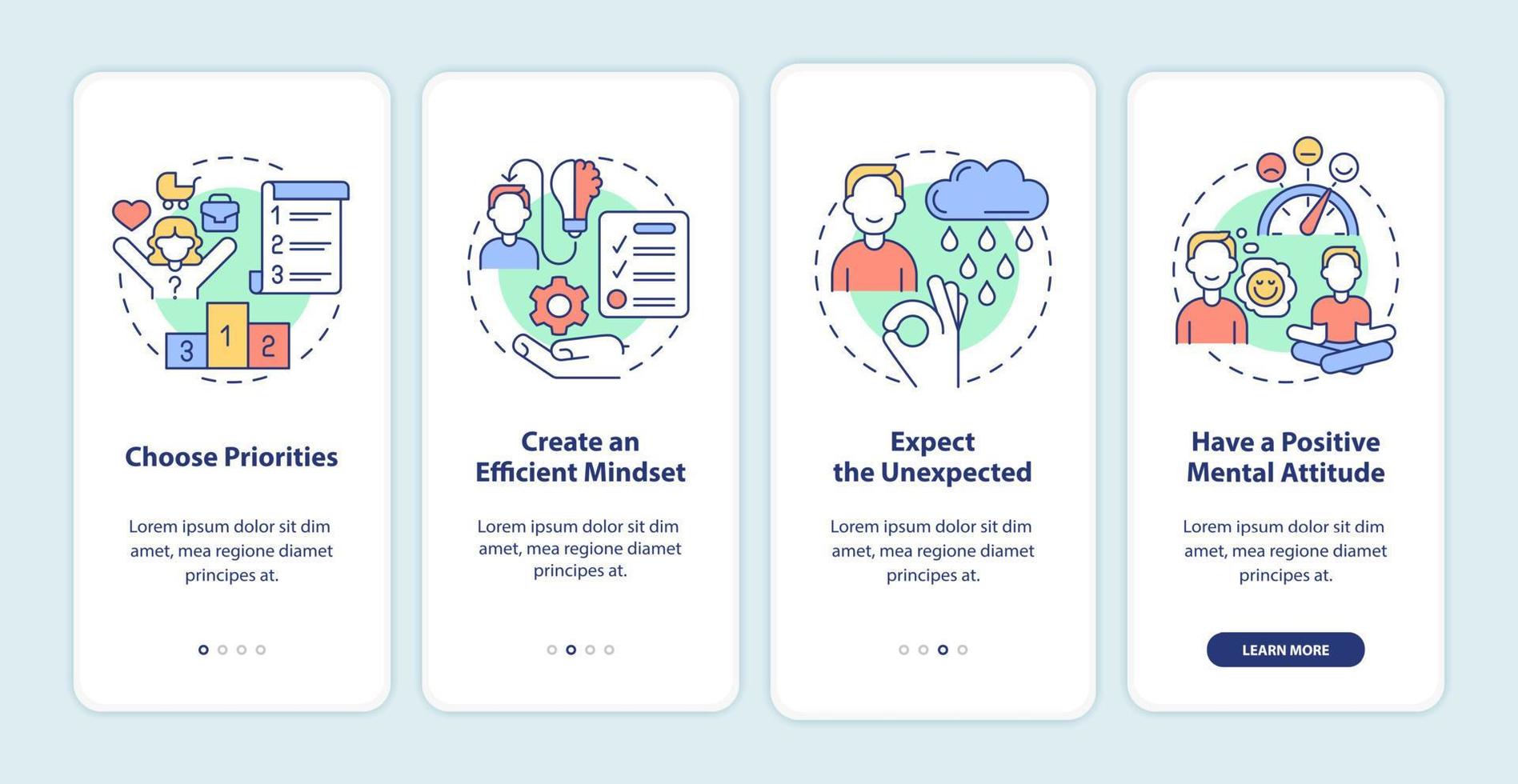 Balanced life tips onboarding mobile app screen. Selfcare benefits walkthrough 4 steps graphic instructions pages with linear concepts. UI, UX, GUI template. Myriad Pro-Bold, Regular fonts used vector
