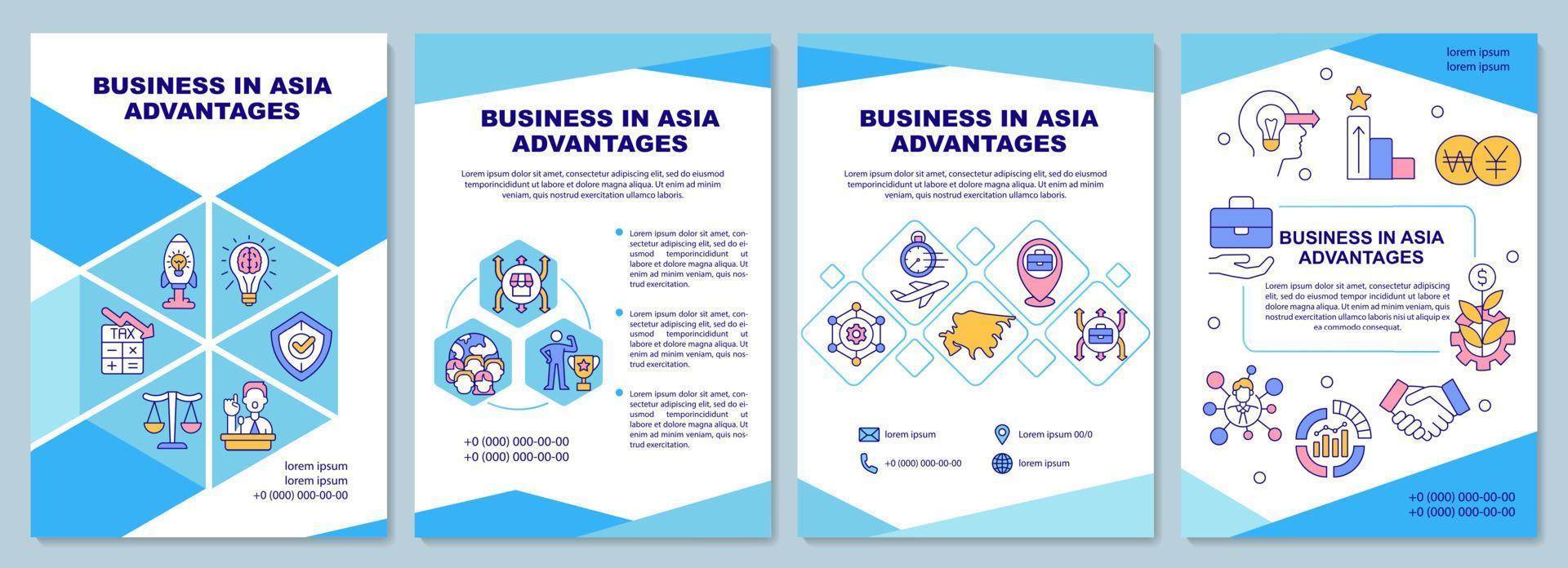 negocios en asia ventajas plantilla de folleto azul. diseño de impresión de folletos con iconos lineales. diseños vectoriales para presentación, informes anuales, anuncios. arial-black, innumerables fuentes pro-regulares utilizadas vector