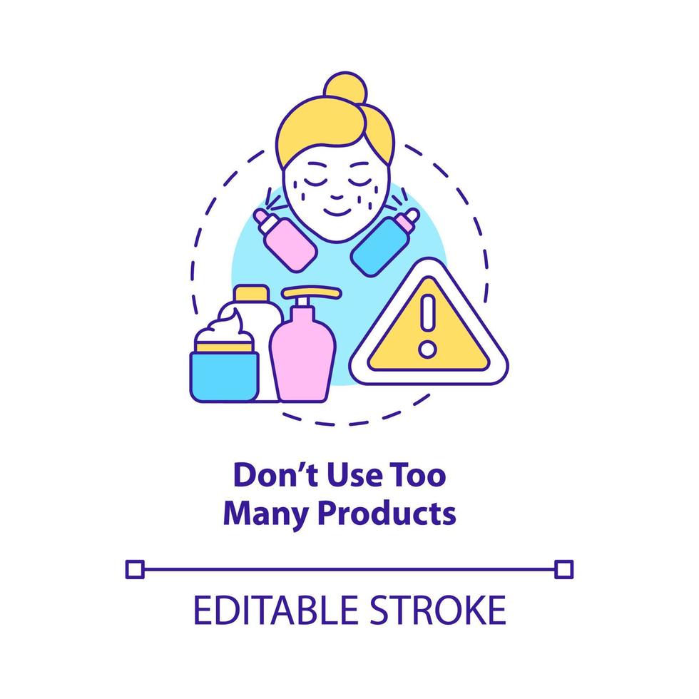 Dont use too many products concept icon. Beauty tip. Skincare routine abstract idea thin line illustration. Isolated outline drawing. Editable stroke. Roboto-Medium, Myriad Pro-Bold fonts used vector