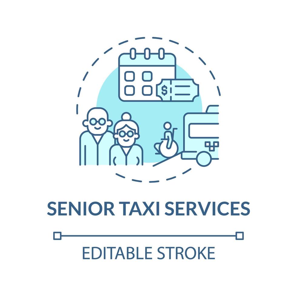 Senior taxi service turquoise concept icon. Set up delivery business abstract idea thin line illustration. Isolated outline drawing. Editable stroke. Roboto-Medium, Myriad Pro-Bold fonts used vector