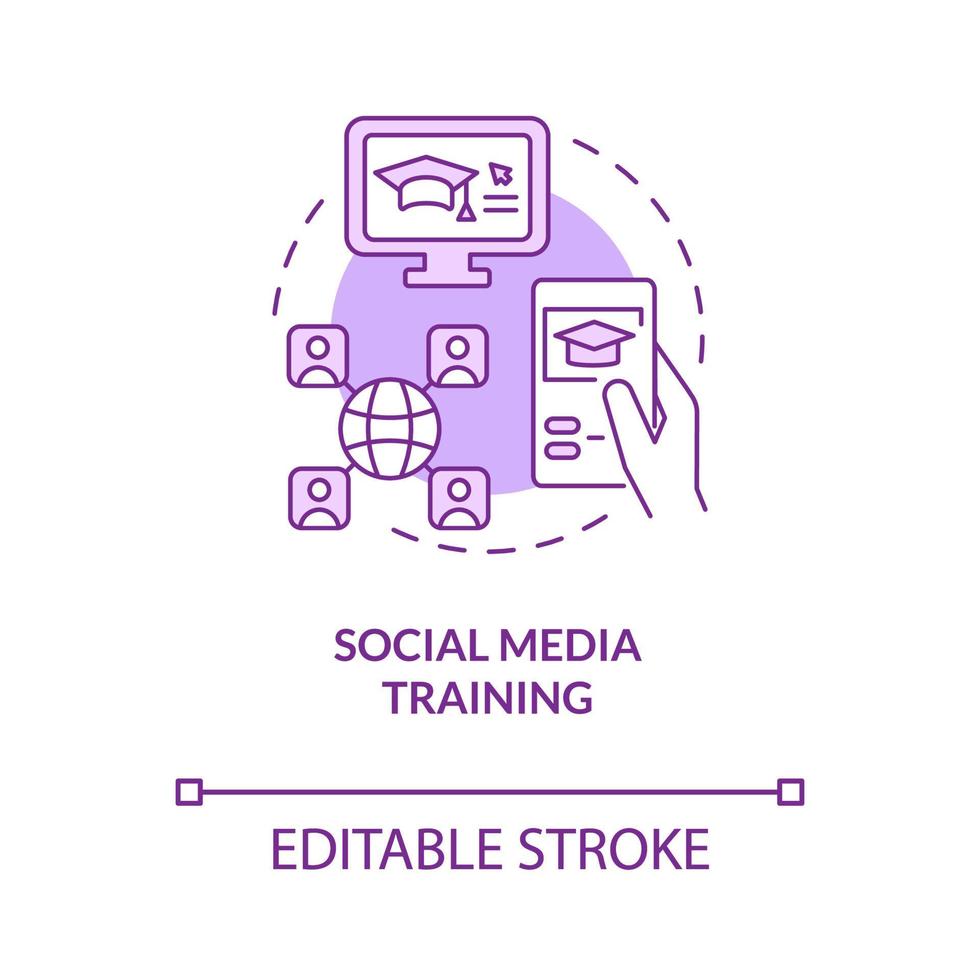 Social media training purple concept icon. Corporate learning online abstract idea thin line illustration. Isolated outline drawing. Editable stroke. Roboto-Medium, Myriad Pro-Bold fonts used vector