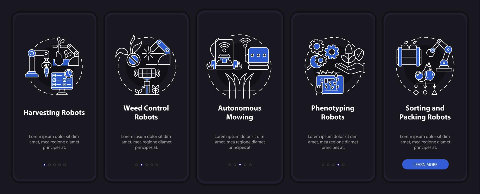 Agricultural innovations night mode onboarding mobile app screen. Walkthrough 5 steps graphic instructions pages with linear concepts. UI, UX, GUI template. Myriad Pro-Bold, Regular fonts used vector