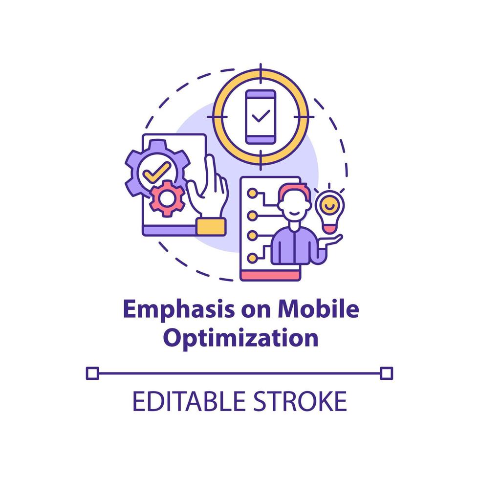 Emphasis on mobile optimization concept icon. Ad channel. Marketing trend abstract idea thin line illustration. Isolated outline drawing. Editable stroke. Arial, Myriad Pro-Bold fonts used vector