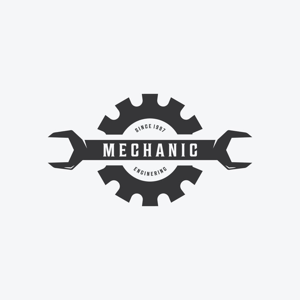 logotipo de engranaje de llave inglesa minimalista, vector de diseño de herramientas mecánicas de ingeniería, ilustración vintage del concepto de garaje automotriz
