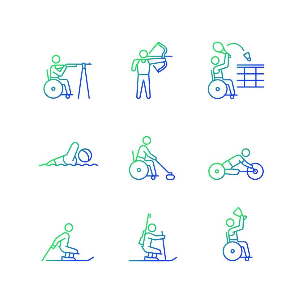 Athletes with disabilities gradient linear vector icons set. Adaptive sport games. People with disability. Thin line contour symbols bundle. Isolated outline illustrations collection