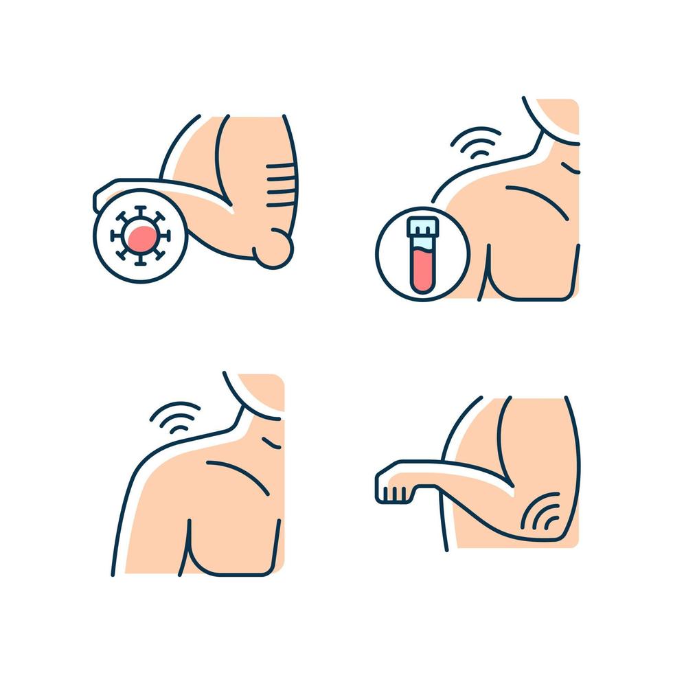 Shoulder and elbow pain RGB color icons set. Autoimmune condition. Rheumatism blood test. Inflammatory process. Septic arthritis. Isolated vector illustrations. Simple filled line drawings collection
