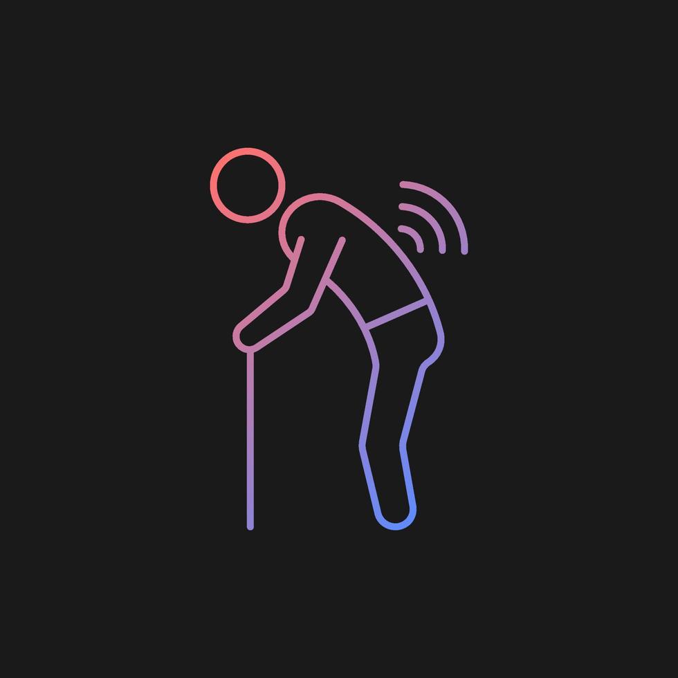 Risk factor linked to age gradient vector icon for dark theme. Elderly man with back ache. Spinal arthritis development. Thin line color symbol. Modern style pictogram. Vector isolated outline drawing