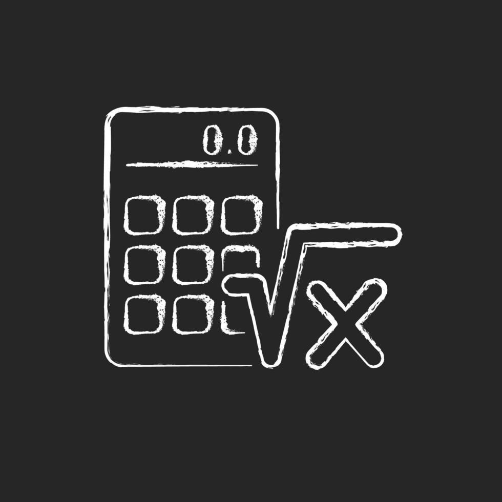 Algebra chalk white icon on dark background. Calculator, radical symbol. Mathematical calculations. Solving equation. Algebra classes in school. Isolated vector chalkboard illustration on black