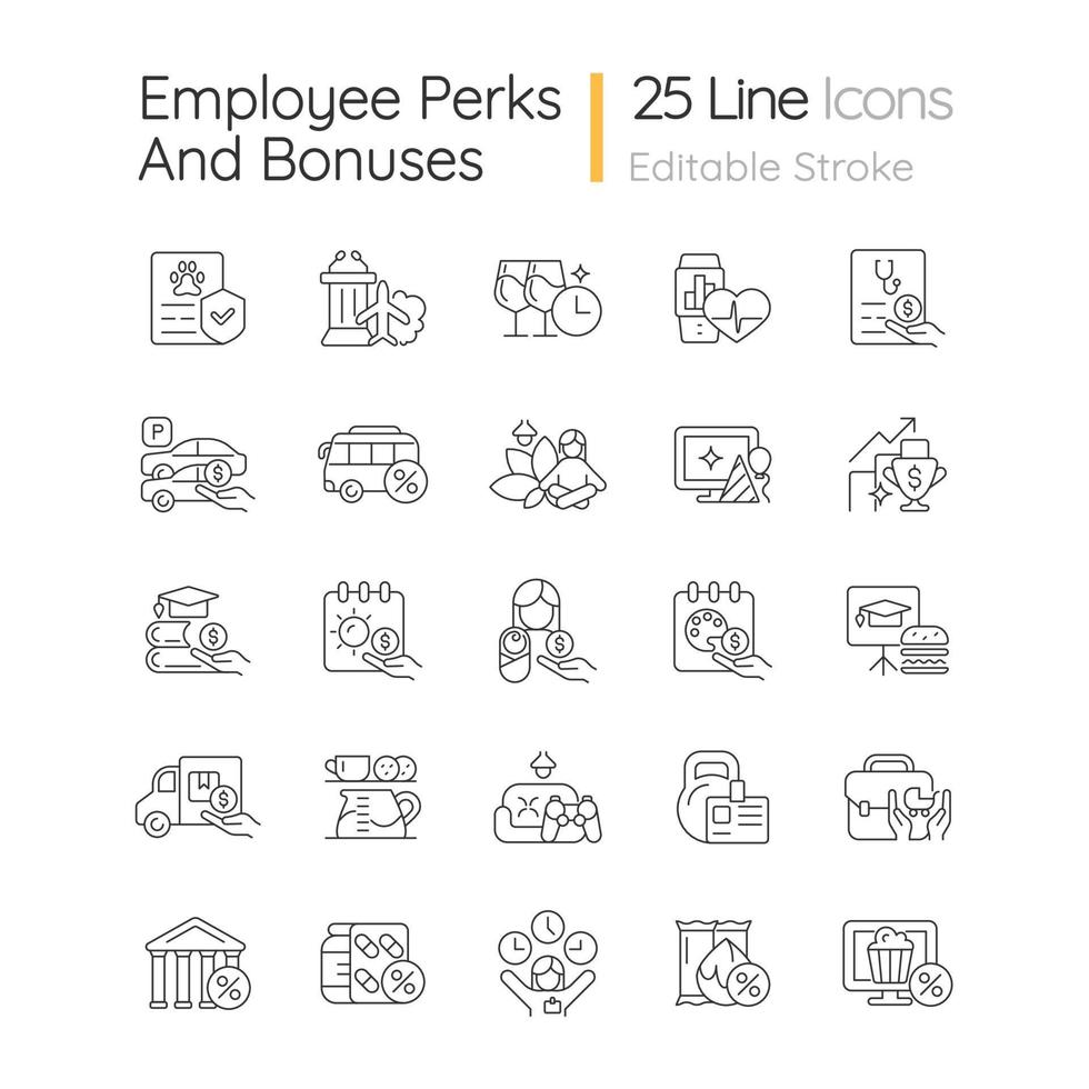 Employee perks and bonuses linear icons set. Workplace benefits. Enhancing worker experience. Customizable thin line contour symbols. Isolated vector outline illustrations. Editable stroke