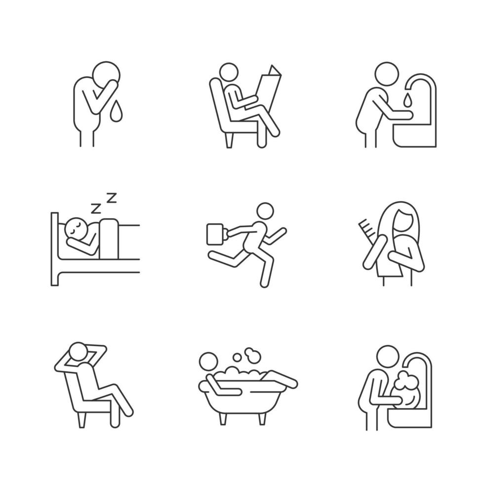 Daily living linear icons set. Commonplace day-to-day human life. Spending leisure time. Customizable thin line contour symbols. Isolated vector outline illustrations. Editable stroke