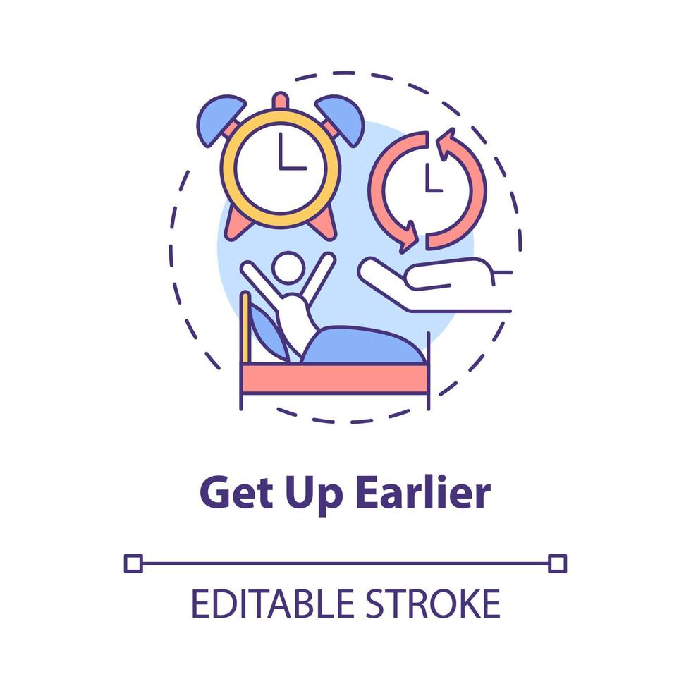 Get up earlier concept icon. Wakeup early morning. Healthy lifestyle abstract idea thin line illustration. Isolated outline drawing. Editable stroke. Roboto-Medium, Myriad Pro-Bold fonts used vector