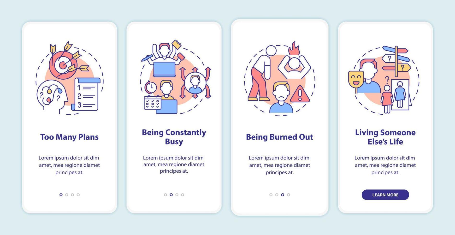 Out of balance life onboarding mobile app screen. Problems walkthrough 4 steps graphic instructions pages with linear concepts. UI, UX, GUI template. Myriad Pro-Bold, Regular fonts used vector