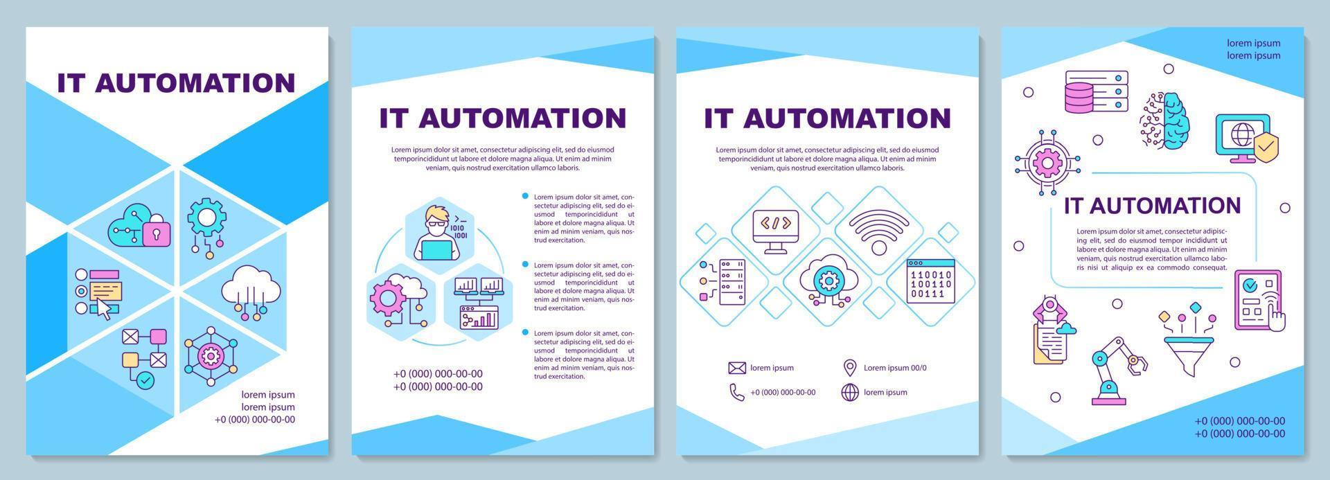 IT automation brochure template. Computer program. Booklet print design with linear icons. Vector layouts for presentation, annual reports, ads. Arial Black, Myriad Pro Regular fonts used