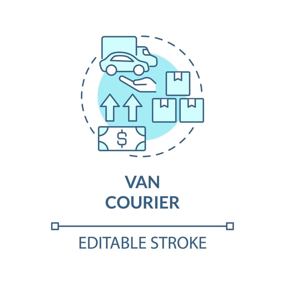 Van courier turquoise concept icon. Truck shipment. Start delivery business abstract idea thin line illustration. Isolated outline drawing. Editable stroke. Roboto-Medium, Myriad Pro-Bold fonts used vector