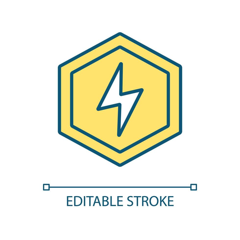 Electricity RGB color icon. Flash lightning. Thunderstorm. Power and energy symbol. Electric current. Isolated vector illustration. Simple filled line drawing. Editable stroke. Arial font used