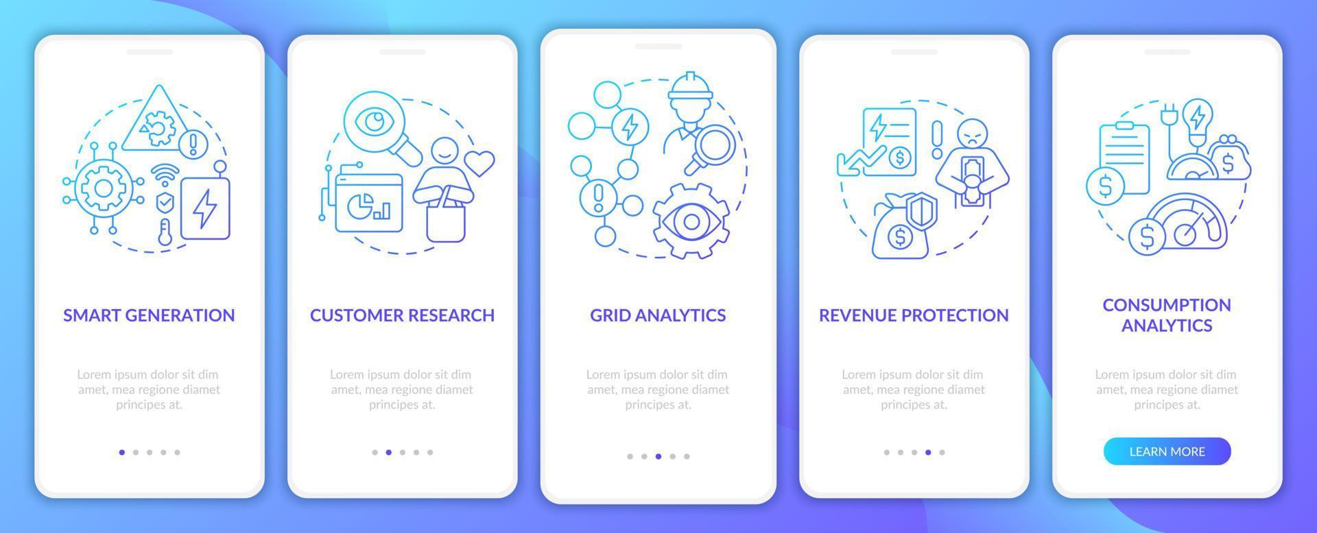 Smart grid possibility blue gradient onboarding mobile app screen. Power walkthrough 5 steps graphic instructions pages with linear concepts. UI, UX, GUI template. Myriad Pro-Bold, Regular fonts used vector