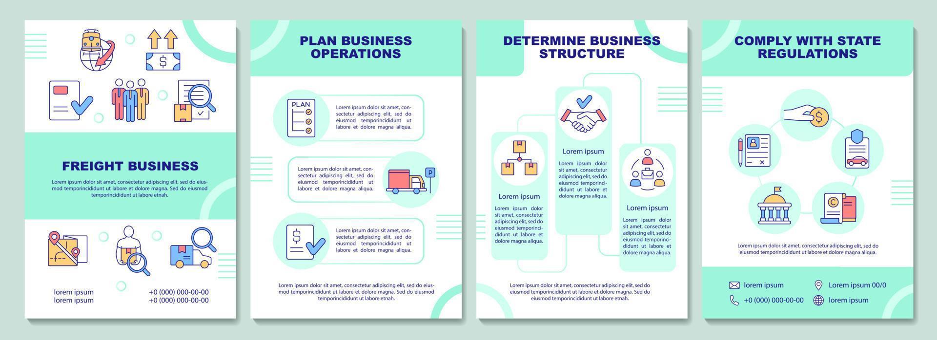 Freight business brochure template. Plan operations. Booklet print design with linear icons. Vector layouts for presentation, annual reports, ads. Arial-Black, Myriad Pro-Regular fonts used