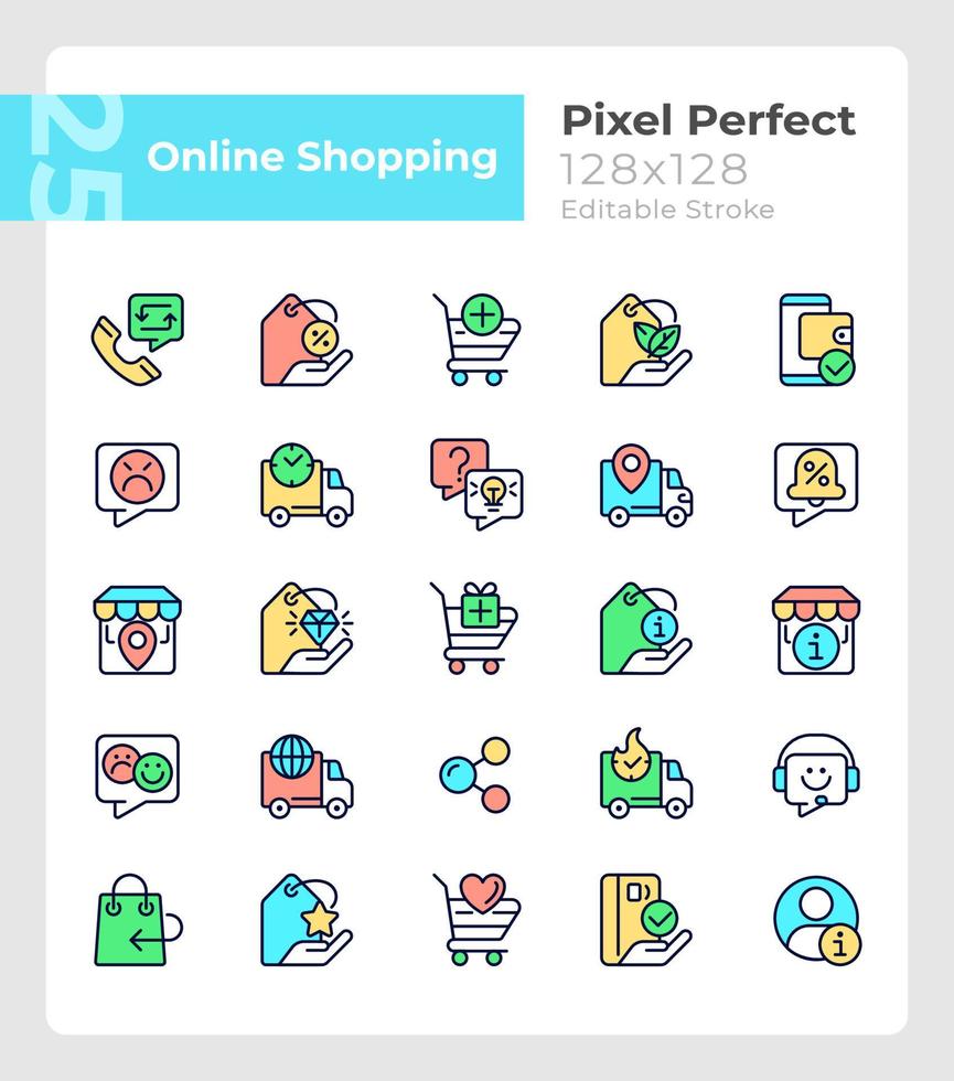 Online shopping pixel perfect RGB color icons set. Electronic commerce. Isolated vector illustrations. Simple filled line drawings collection. Editable stroke. Quicksand-Light font used