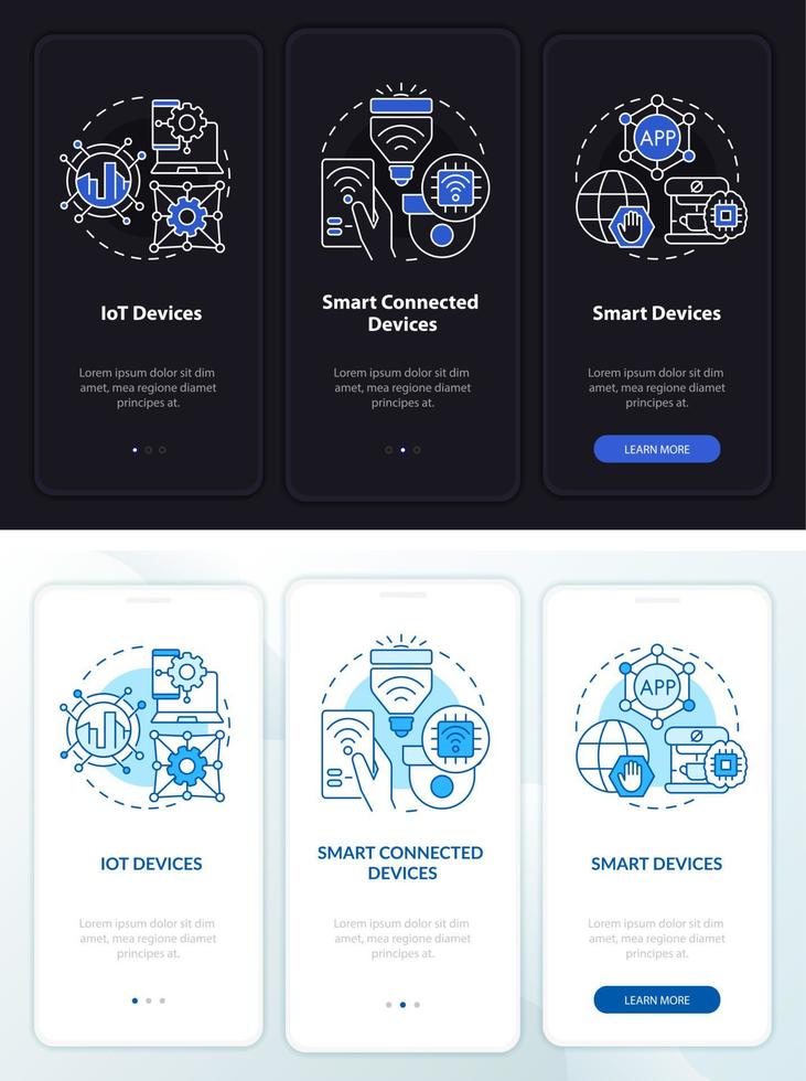 Smart tech products night and day mode onboarding mobile app screen. Walkthrough 3 steps graphic instructions pages with linear concepts. UI, UX, GUI template. Myriad Pro-Bold, Regular fonts used vector