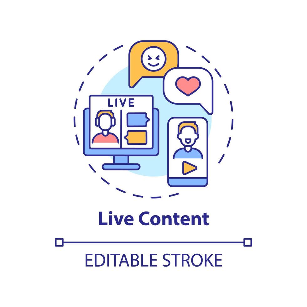 Live content concept icon. Communication with customer. Modern marketing trend abstract idea thin line illustration. Isolated outline drawing. Editable stroke. Arial, Myriad Pro-Bold fonts used vector