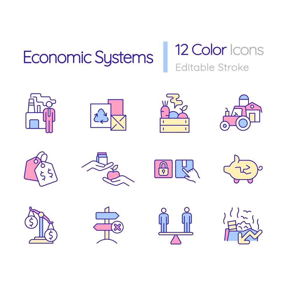 Economic system RGB color icons set. Goods production and distribution. Isolated vector illustrations. Simple filled line drawings collection. Editable stroke. Quicksand-Light font used