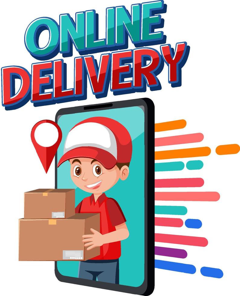 Online Delivery logo with courier in smartphone display vector