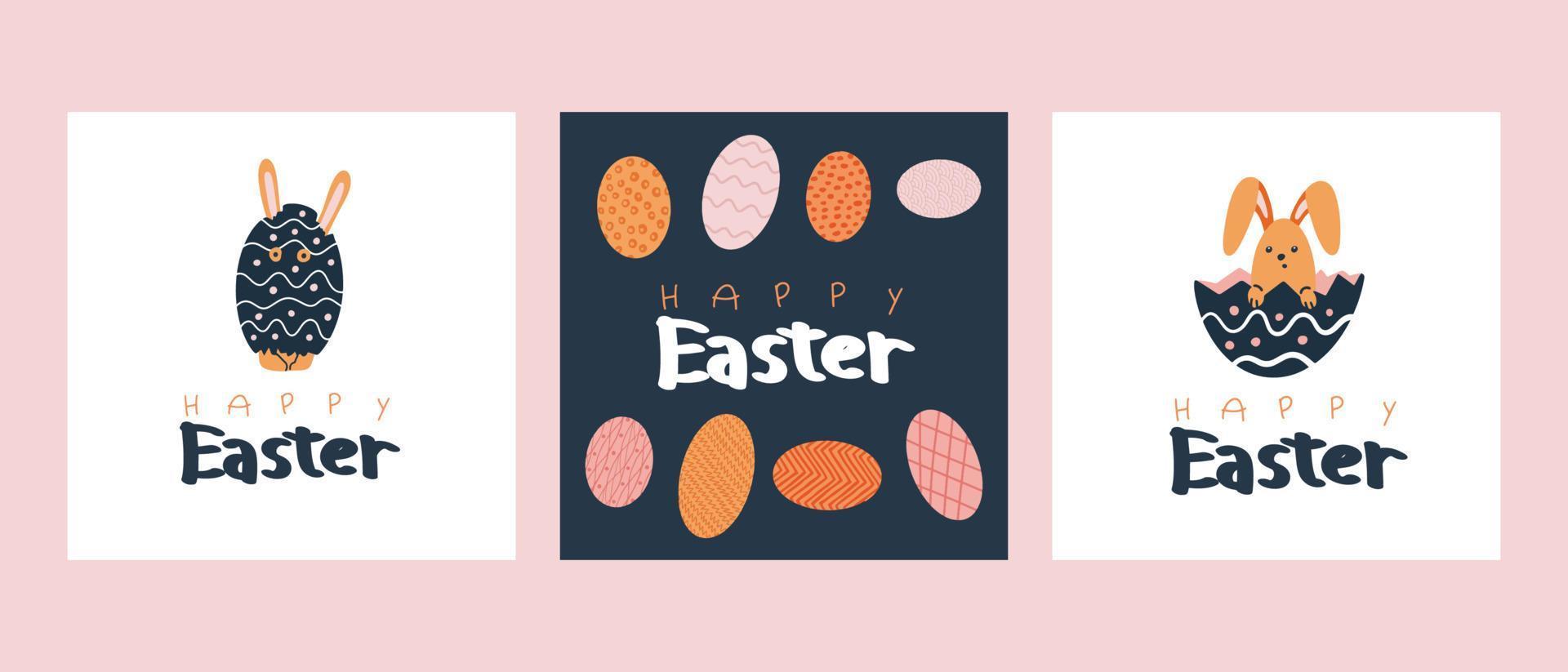 a set of Happy Easter cards with rabbits hidden in an egg vector