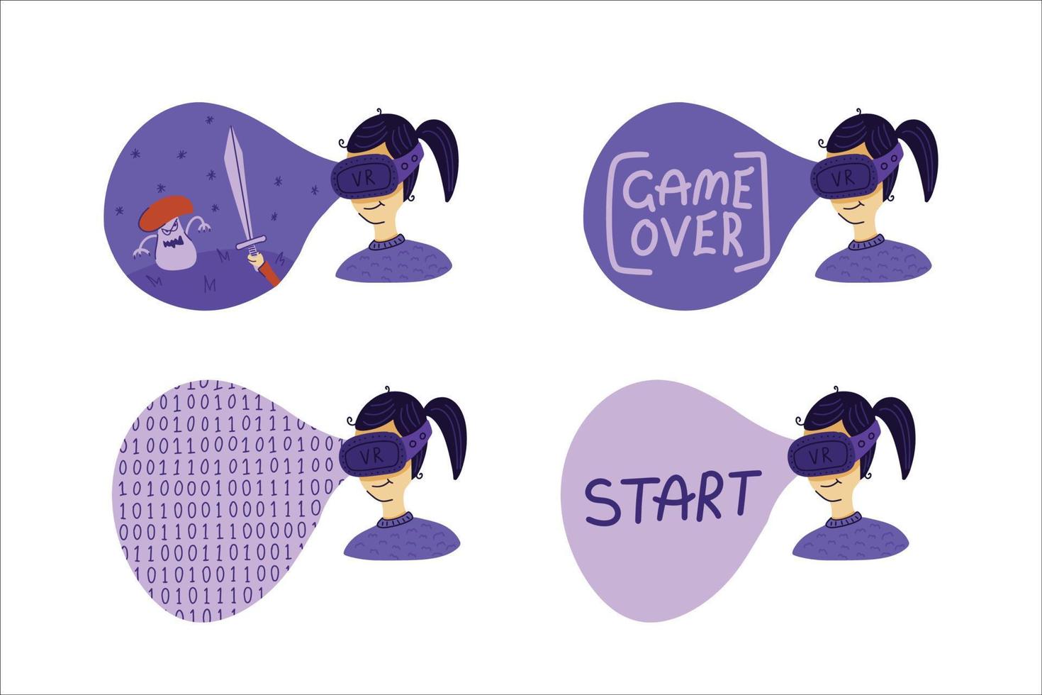 Enthusiastic man using virtual reality glasses and touching vr interface. Vector illustration