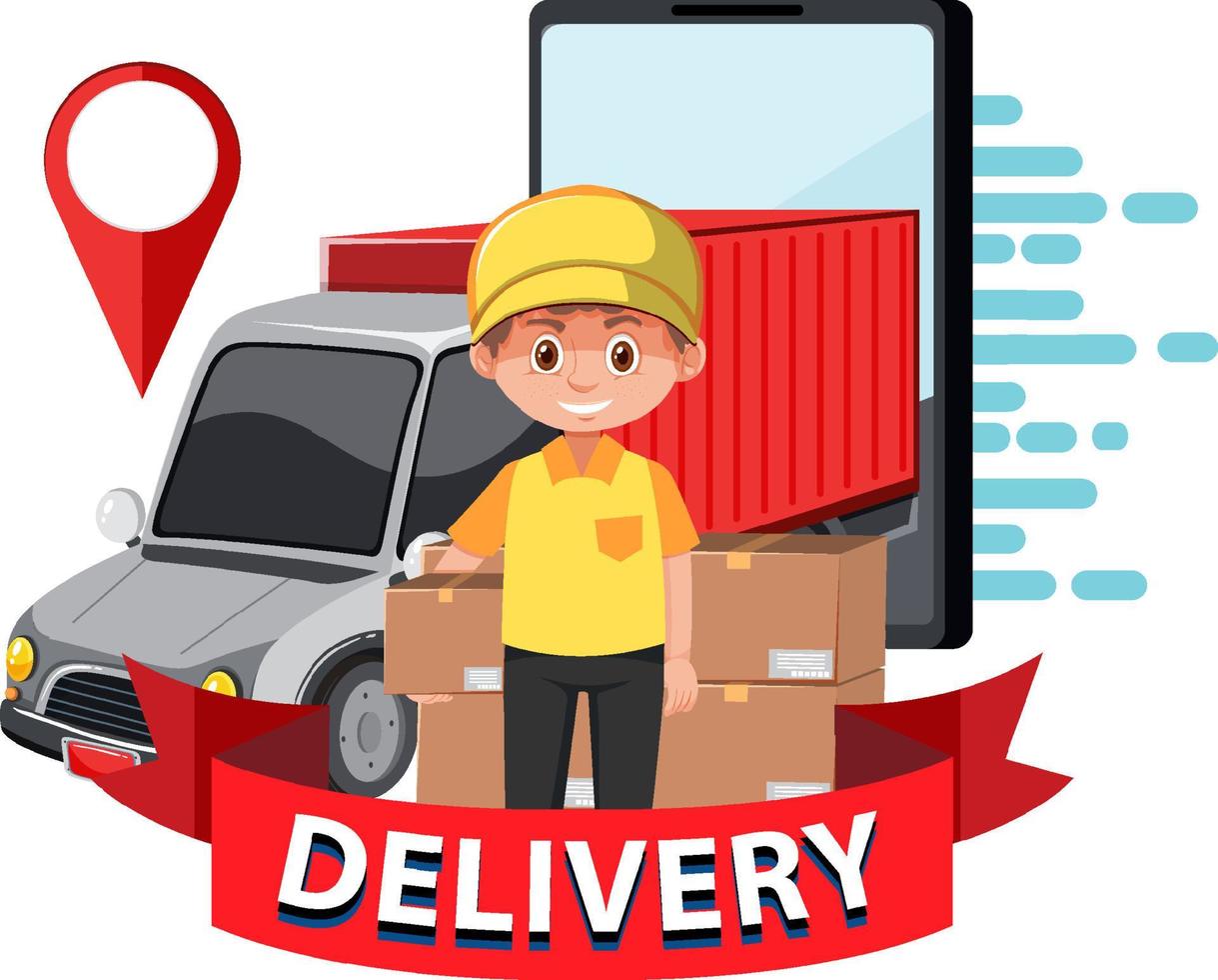Courier holding a package with delivery panel van vector